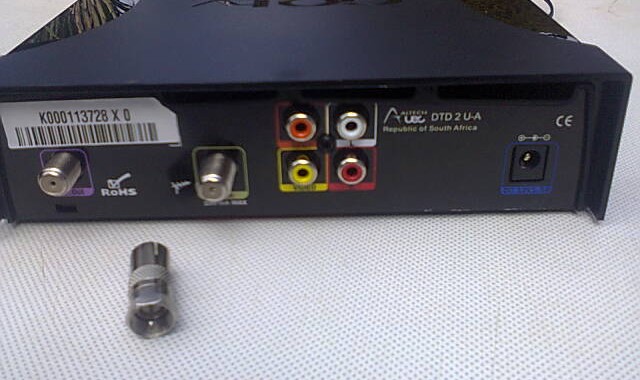 The backside of a Gotv Decoder showing the RF OUT port and absence of a HDMI port