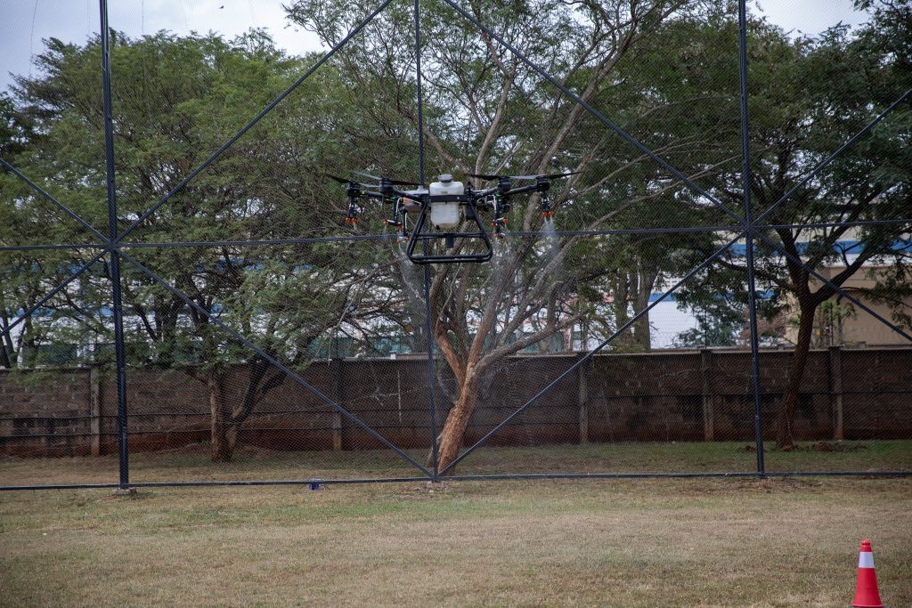 Crop Spraying Drone Flying In Fahari Cage